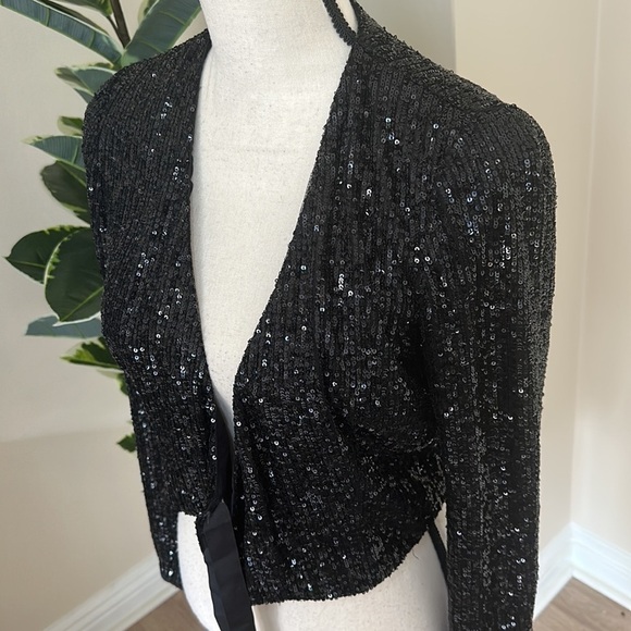 ML Monique Lhullier Black Sequin Wrap Top XS - Picture 6 of 8